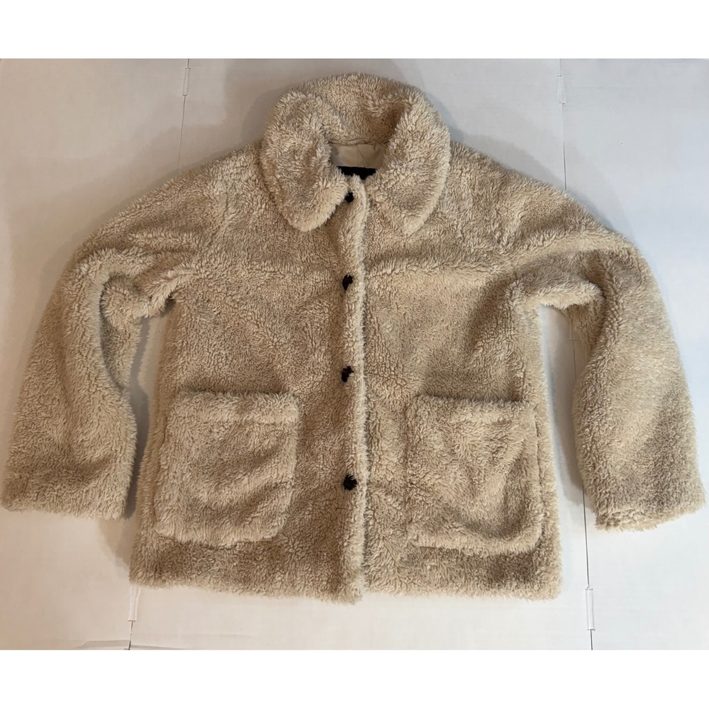 Sanctuary Faux Fur Sherpa Jacket Cream Beige Teddy Button Front Coat Large